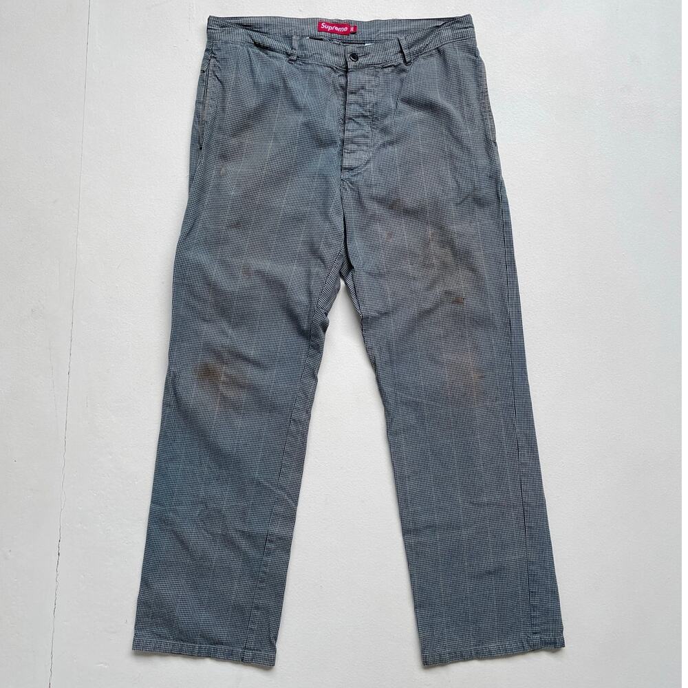 SUPREME Light Blue Houndstooth Work Pants / Tagged 36 / Distressed Straight Leg